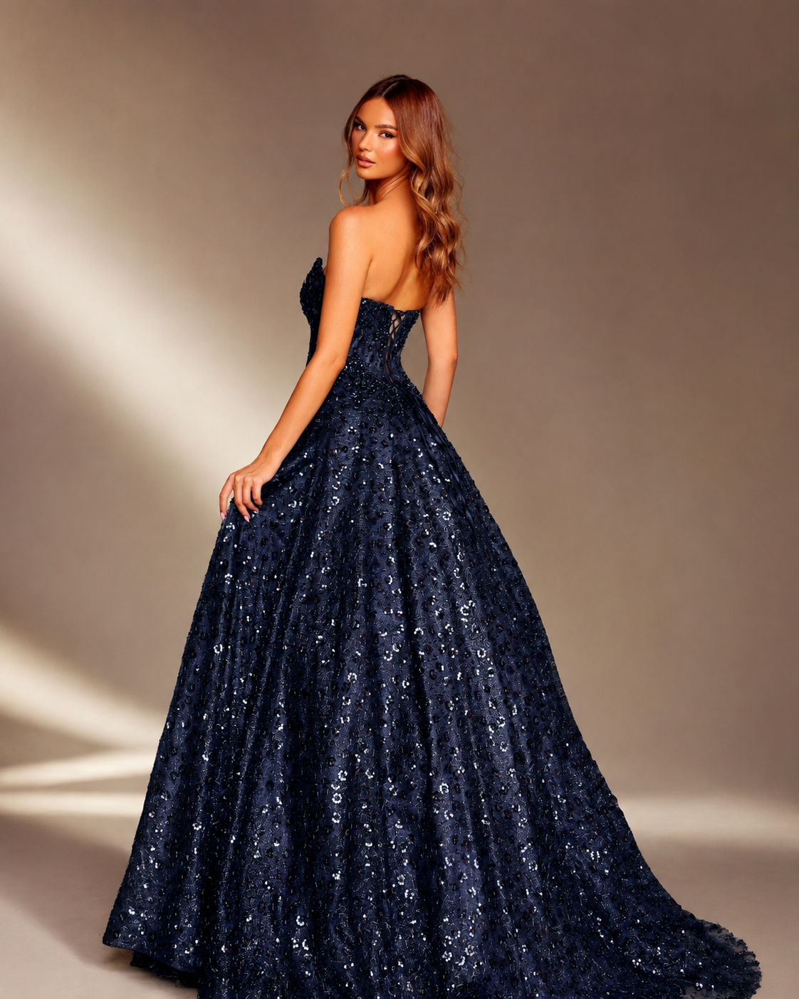 Strapless Beaded Lace Scoop Neck Ball Gown - Back Lace-Up Detail