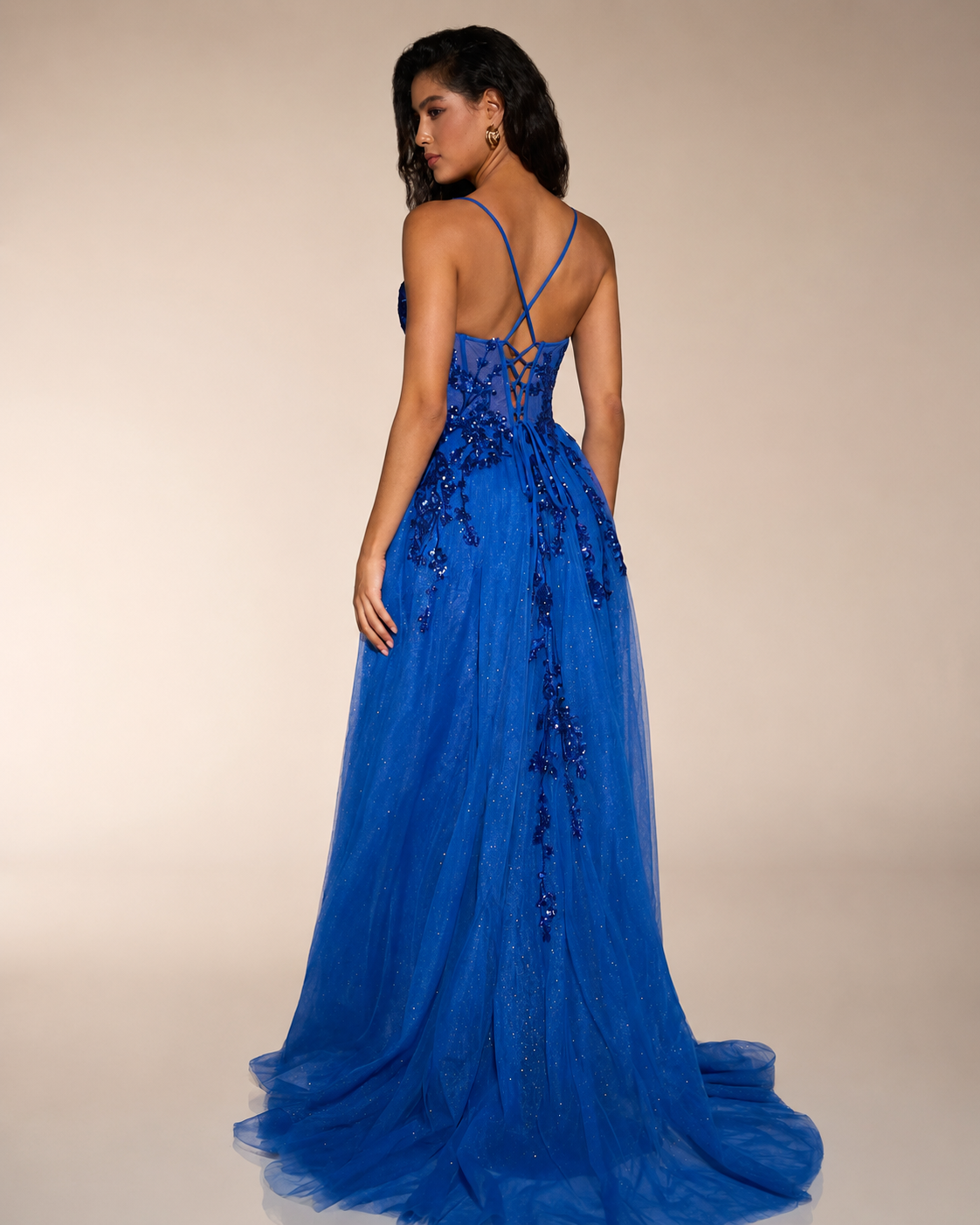 Spaghetti Straps Sweetheart Floral Applique Corset Lace-Up Back Tulle A-Line Long Prom Dress - Back View with Corset Lace-Up and Sweep Train in Royal Blue