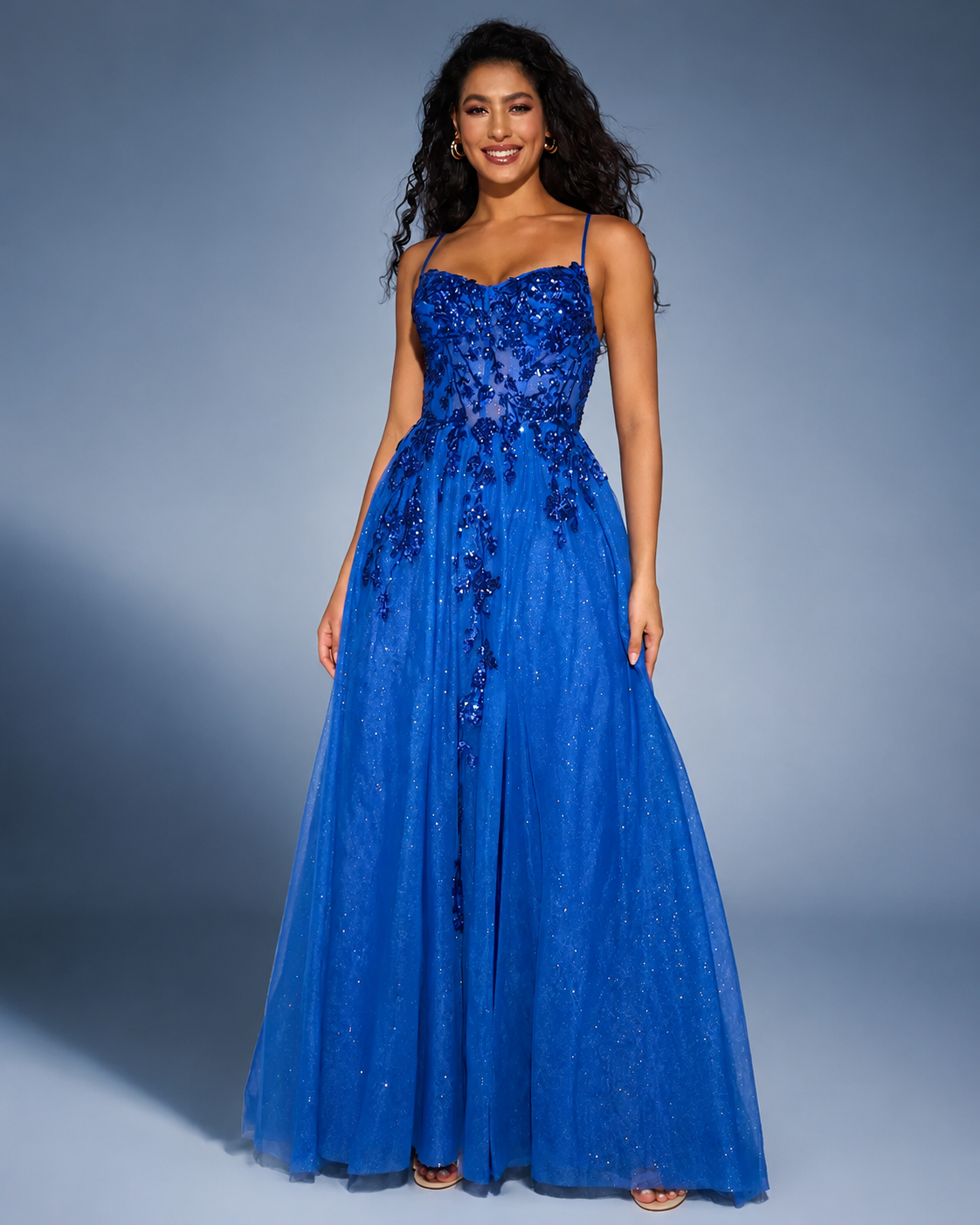 Spaghetti Straps Sweetheart Floral Applique Corset Lace-Up Back Tulle A-Line Long Prom Dress - Full Front View in Royal Blue