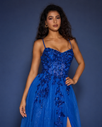 Spaghetti Straps Sweetheart Floral Applique Corset Lace-Up Back Tulle A-Line Long Prom Dress - Side Detail of Sweetheart Neckline and Floral Bodice in Royal Blue