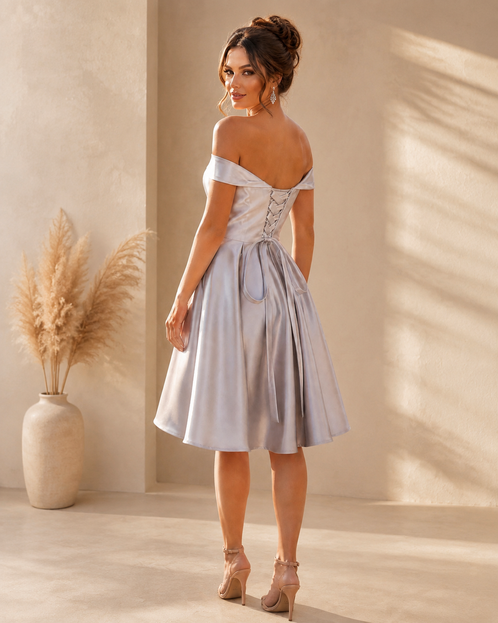 Off-Shoulder Banded Sleeves Sweetheart Satin Corset Lace-Up Back Pleated Short A-Line Homecoming Dress - Back View with Lace-Up Corset in Dusty Blue