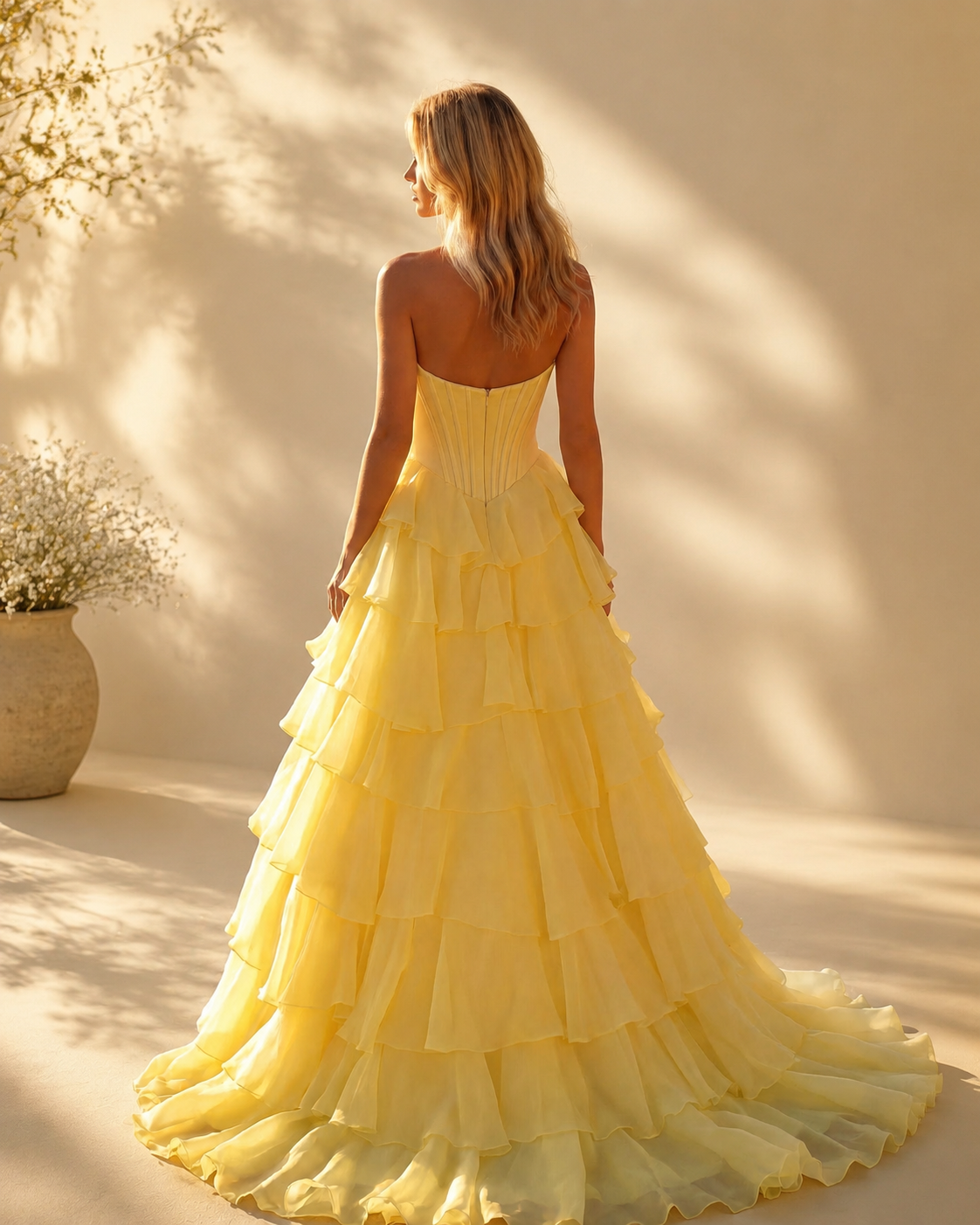 Strapless Sweetheart Lace Applique Bodice Pleated Waistline Tiered Ruffled Tulle A-Line Ball Gown with Side Slit Sweep Train - Back Tiered Ruffled Train View in Pale Yellow