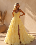 Strapless Sweetheart Lace Applique Bodice Pleated Waistline Tiered Ruffled Tulle A-Line Ball Gown with Side Slit Sweep Train - Front View in Pale Yellow