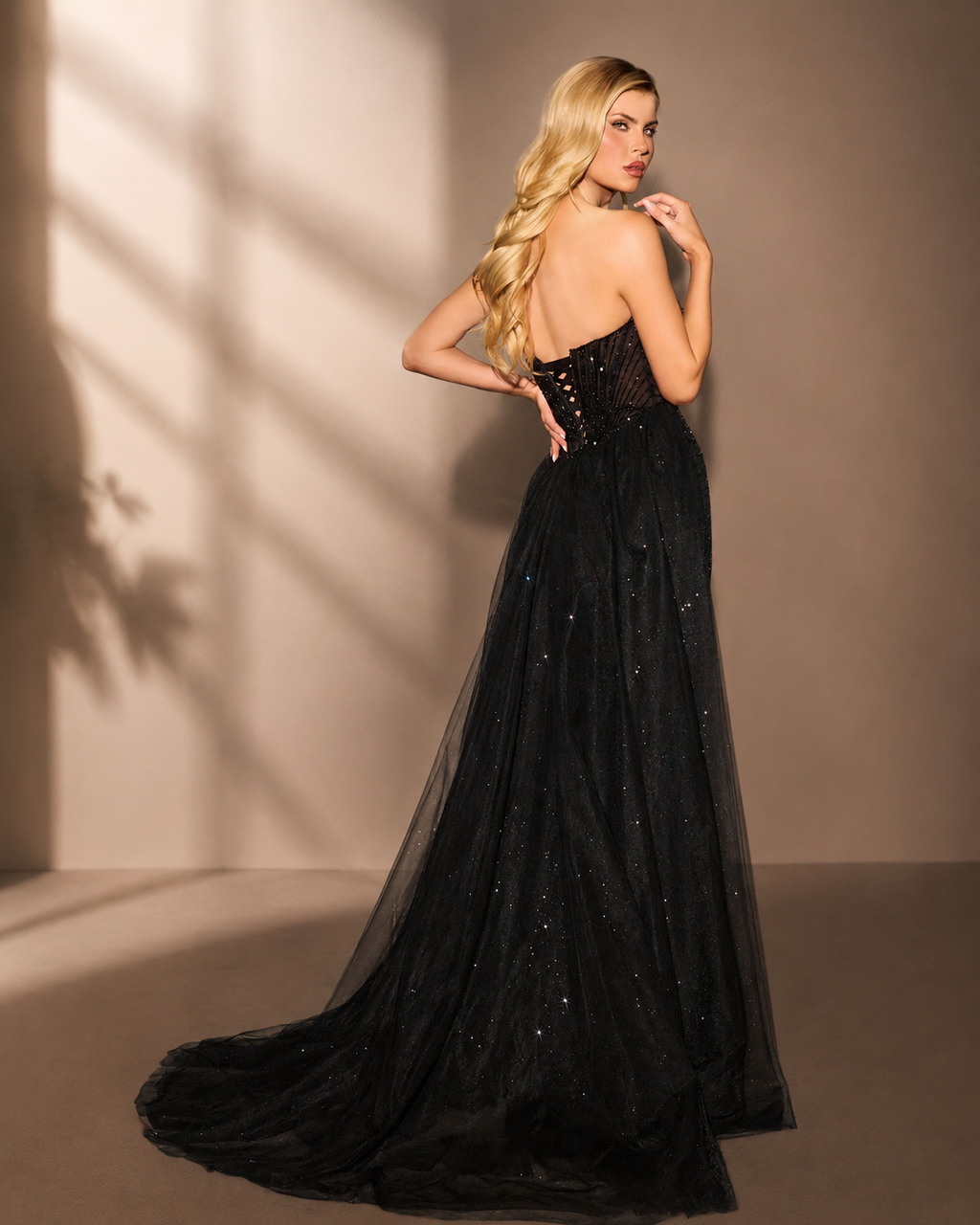 Strapless Sweetheart Allover Beaded Sequin Boned Corset Bodice Pleated Waistline Hip-Hugging Mermaid Skirt Side Slit with Detachable A-Line Tulle Overlay Open Back Criss-Cross Lace-Up Sweep Train - Back Open Back Lace-Up View in Black
