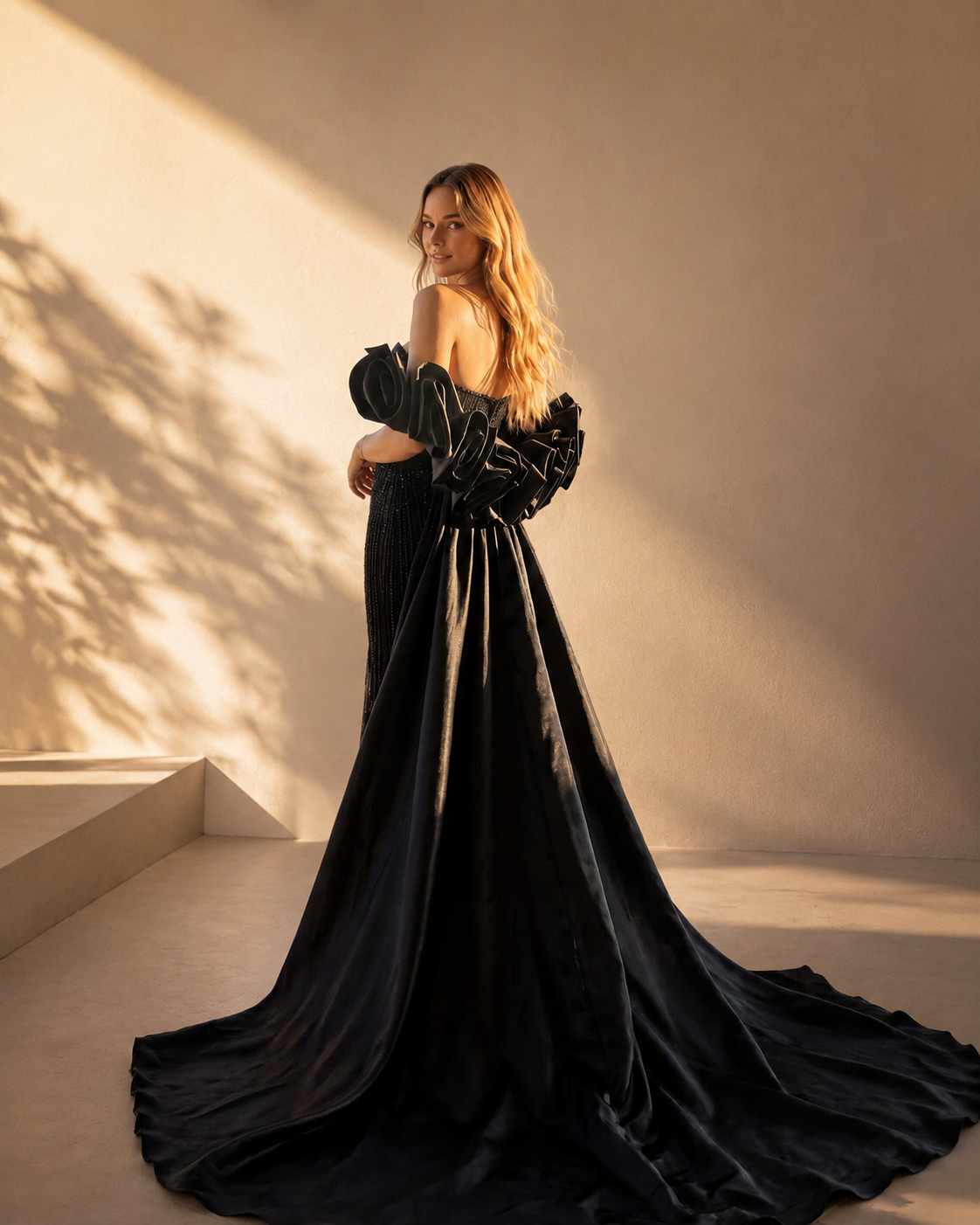 Strapless Deep V-Neckline Allover Beaded Sequin Boned Corset Bodice Bodycon Mermaid Sweep Train with Detachable Ruffled Rosette Organza Cape - Back Rosette Cape Train View in Black