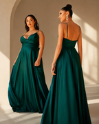 Deep V-Neckline Spaghetti Thin Adjustable Straps Satin Pleated Crossover Bodice Ruched Waist Open Back Center Back Zipper A-Line Flowing Floor-Length Satin Skirt Side Slit - Front and Back View in Emerald Green