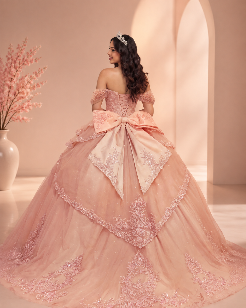 Off-the-Shoulder Beaded Applique Long Ball Gown with Overskirt Bow and Lace-Up Back - Back View with Oversized Satin Bow in Blush Pink