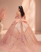 Off-the-Shoulder Beaded Applique Long Ball Gown with Overskirt Bow and Lace-Up Back - Back View with Oversized Satin Bow in Blush Pink