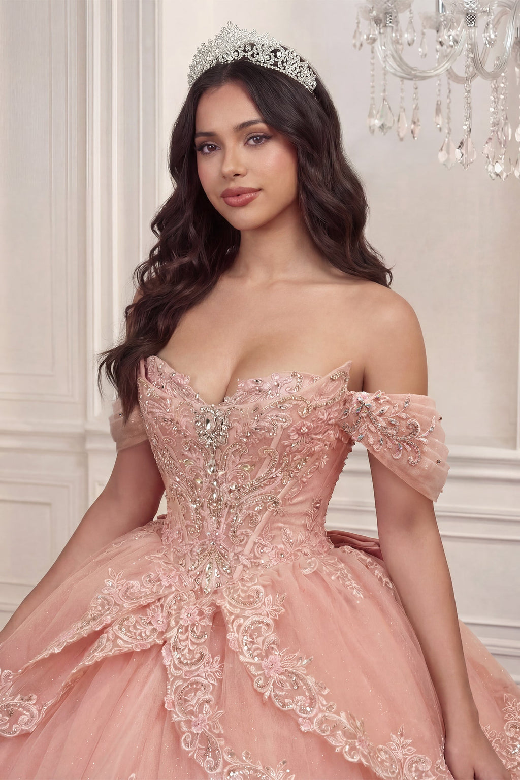 Off-the-Shoulder Beaded Applique Long Ball Gown with Overskirt Bow and Lace-Up Back - Detail of Off-Shoulder Sleeve and Beaded Floral Embroidery in Blush Pink