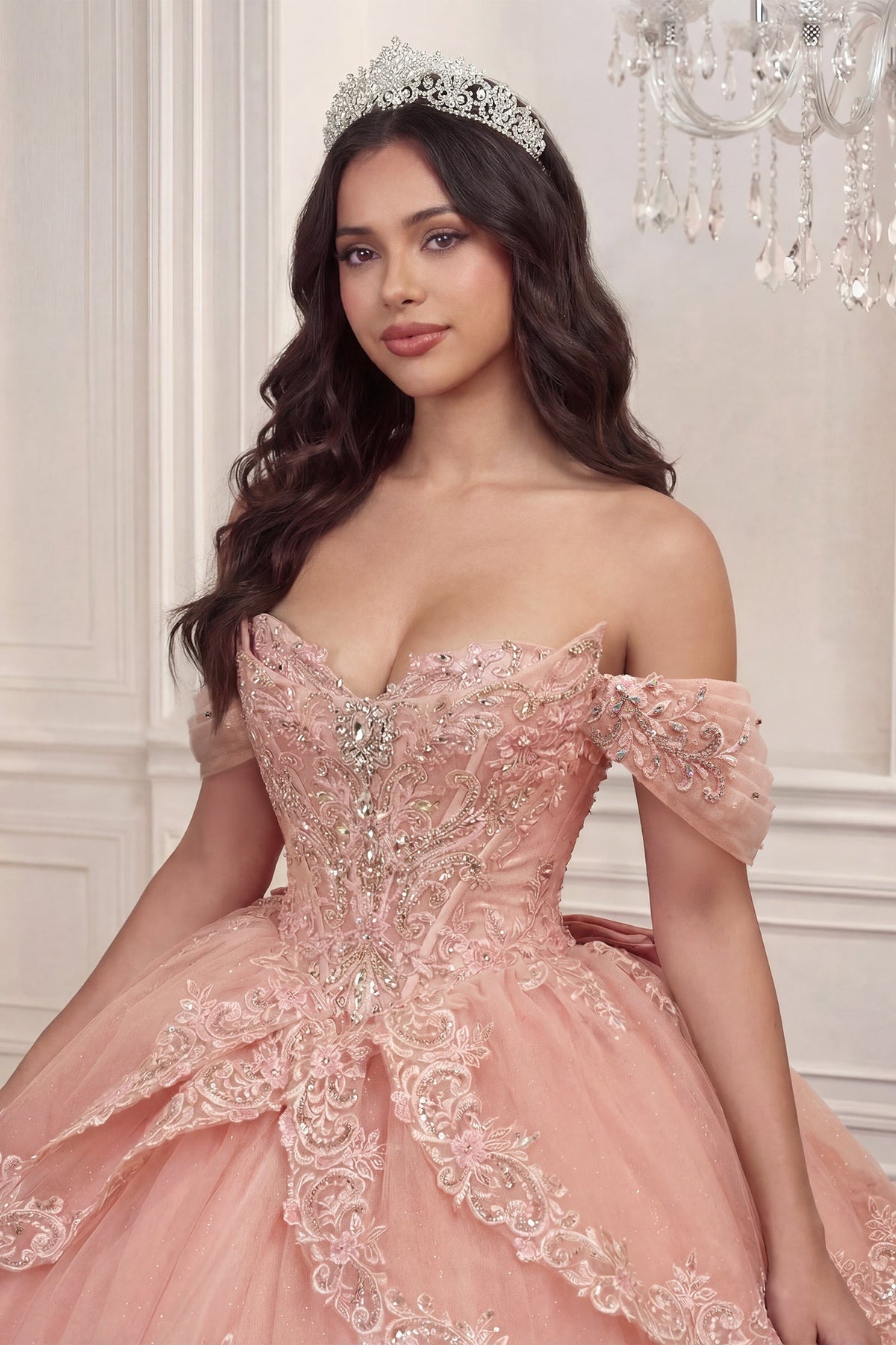 Off-the-Shoulder Beaded Applique Long Ball Gown with Overskirt Bow and Lace-Up Back - Detail of Off-Shoulder Sleeve and Beaded Floral Embroidery in Blush Pink