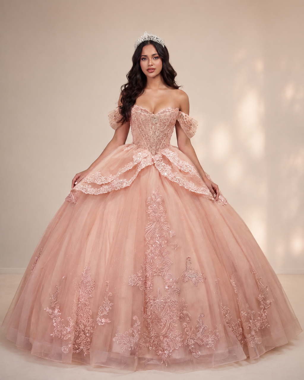 Off-the-Shoulder Beaded Applique Long Ball Gown with Overskirt Bow and Lace-Up Back - Front Full View in Blush Pink