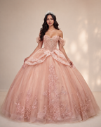 Off-the-Shoulder Beaded Applique Long Ball Gown with Overskirt Bow and Lace-Up Back - Front Full View in Blush Pink