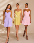Chiffon Short Strapless Sweetheart Dress with Detachable Halter Choker Ruched Bodice Corset Lace-Up Back A-Line Mini - Front Three-Color View in Lilac, Butter Yellow and Blush Pink