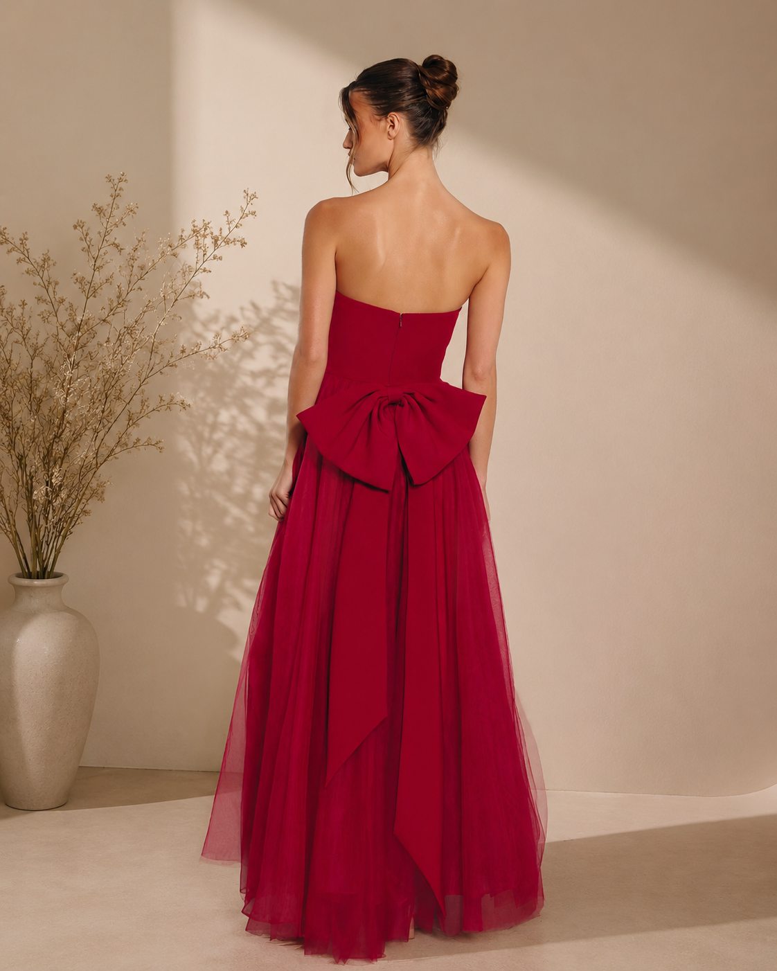 Strapless Crepe Bodice Layered Tulle A-Line Long Dress with Oversized Satin Bow at Back - Back View with Oversized Satin Bow in Red