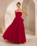 Strapless Crepe Bodice Layered Tulle A-Line Long Dress with Oversized Satin Bow at Back - Front Full View in Red