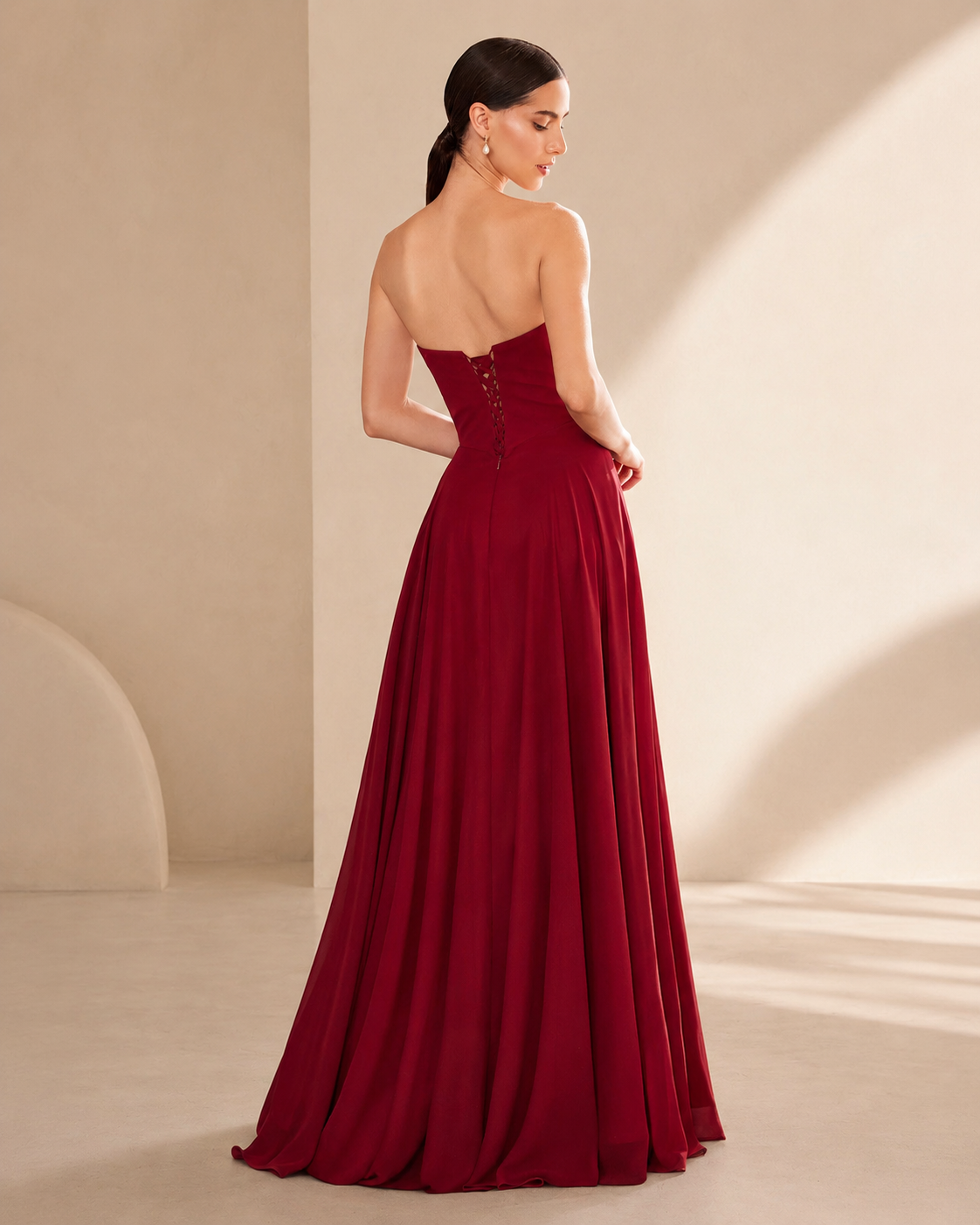 Strapless Sweetheart Cowl Neckline Chiffon A-Line Long Dress with Detachable Scarf Accessory Corset Lace-Up Back - Back View Showing Corset Lace-Up Detail in Burgundy
