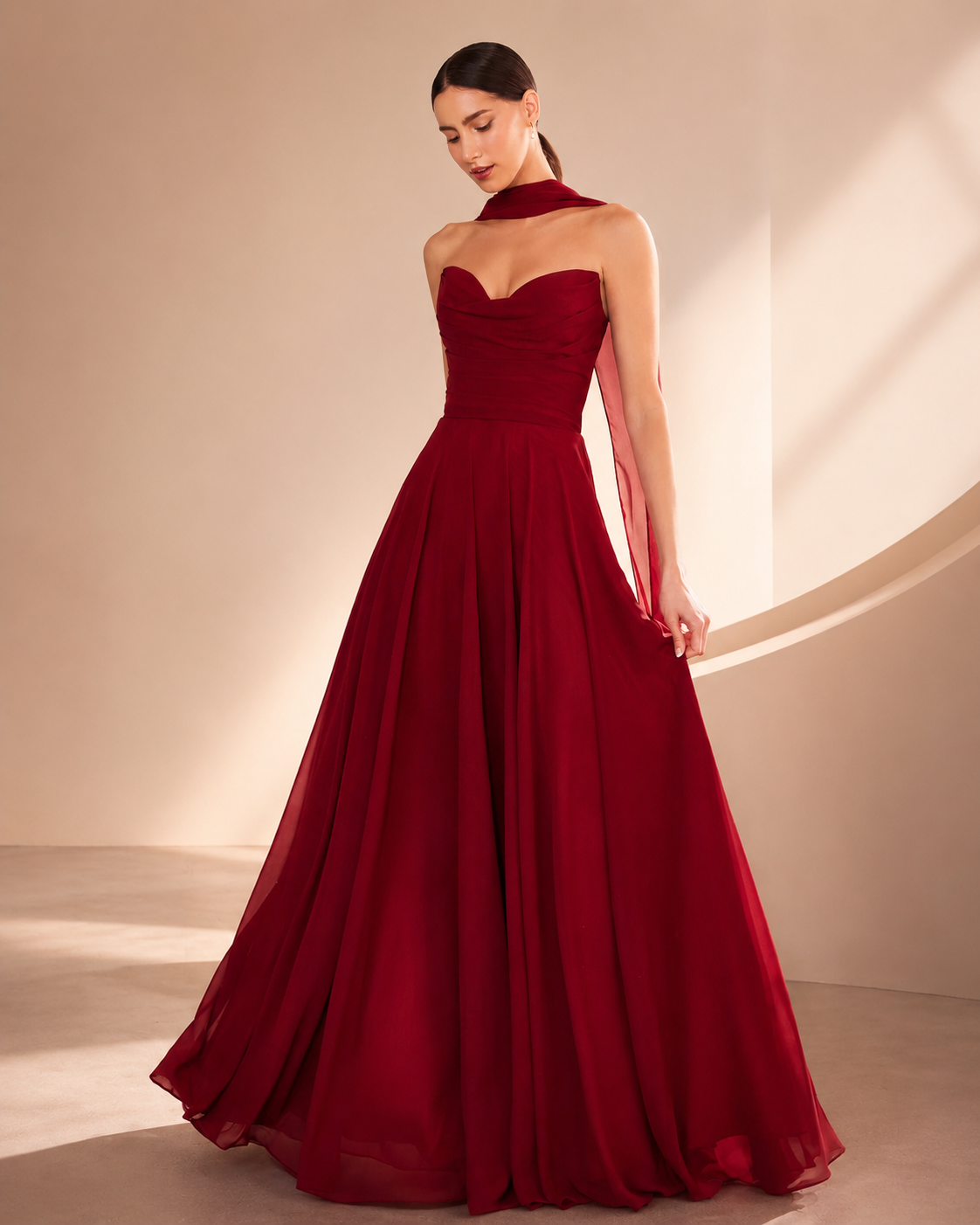 Strapless Sweetheart Cowl Neckline Chiffon A-Line Long Dress with Detachable Scarf Accessory Corset Lace-Up Back - Front View in Burgundy with Chiffon Scarf