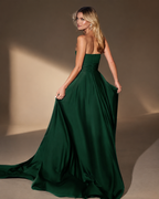 Strapless Sweetheart Keyhole Gathered Bodice Satin A-Line Long Dress with Subtle Gathering at Waistband - Back View Showing A-Line Satin Skirt with Long Train in Emerald Green