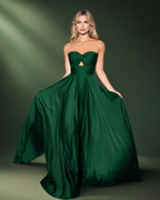 Strapless Sweetheart Keyhole Gathered Bodice Satin A-Line Long Dress with Subtle Gathering at Waistband - Front Full View in Emerald Green