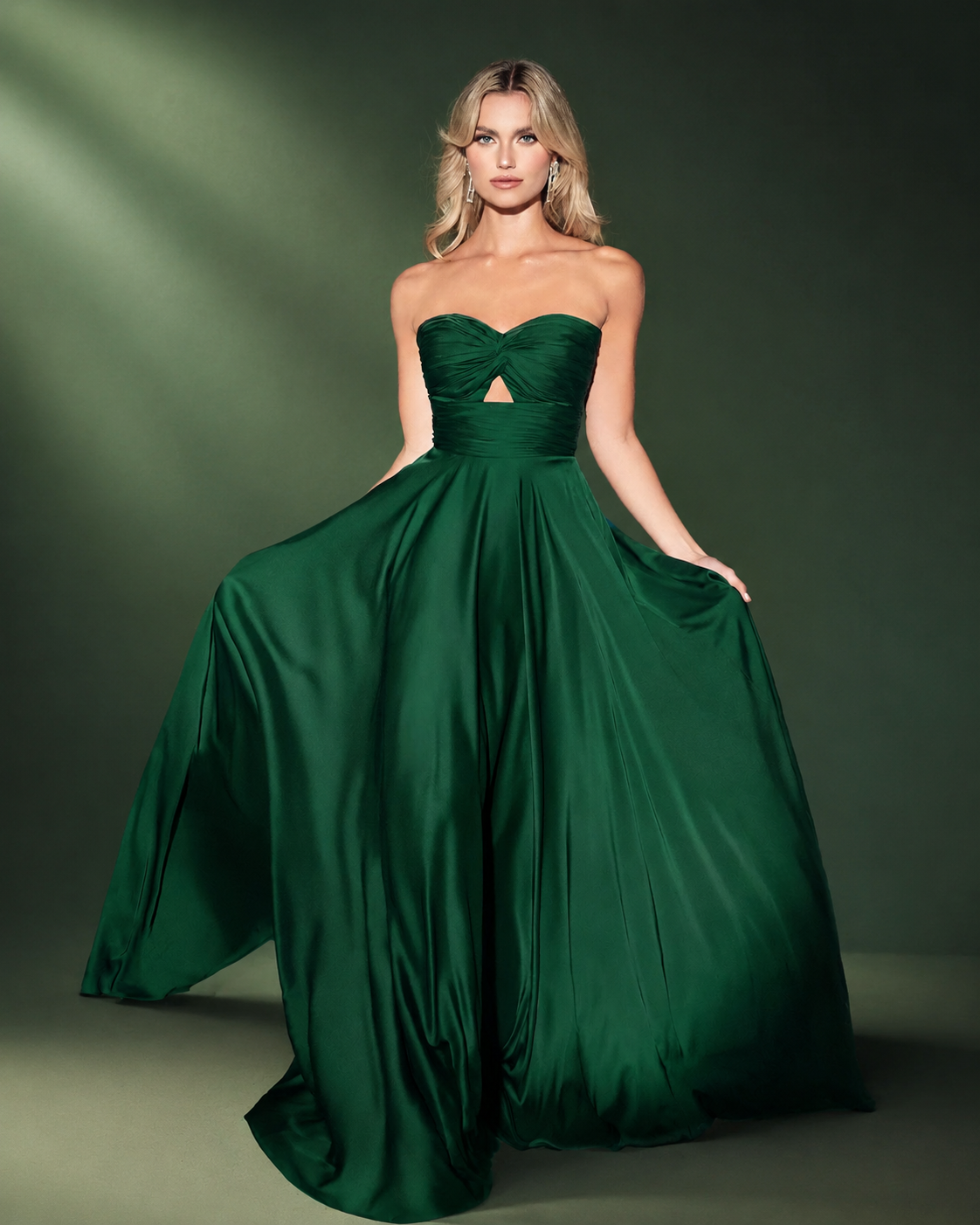 Strapless Sweetheart Keyhole Gathered Bodice Satin A-Line Long Dress with Subtle Gathering at Waistband - Front Full View in Emerald Green