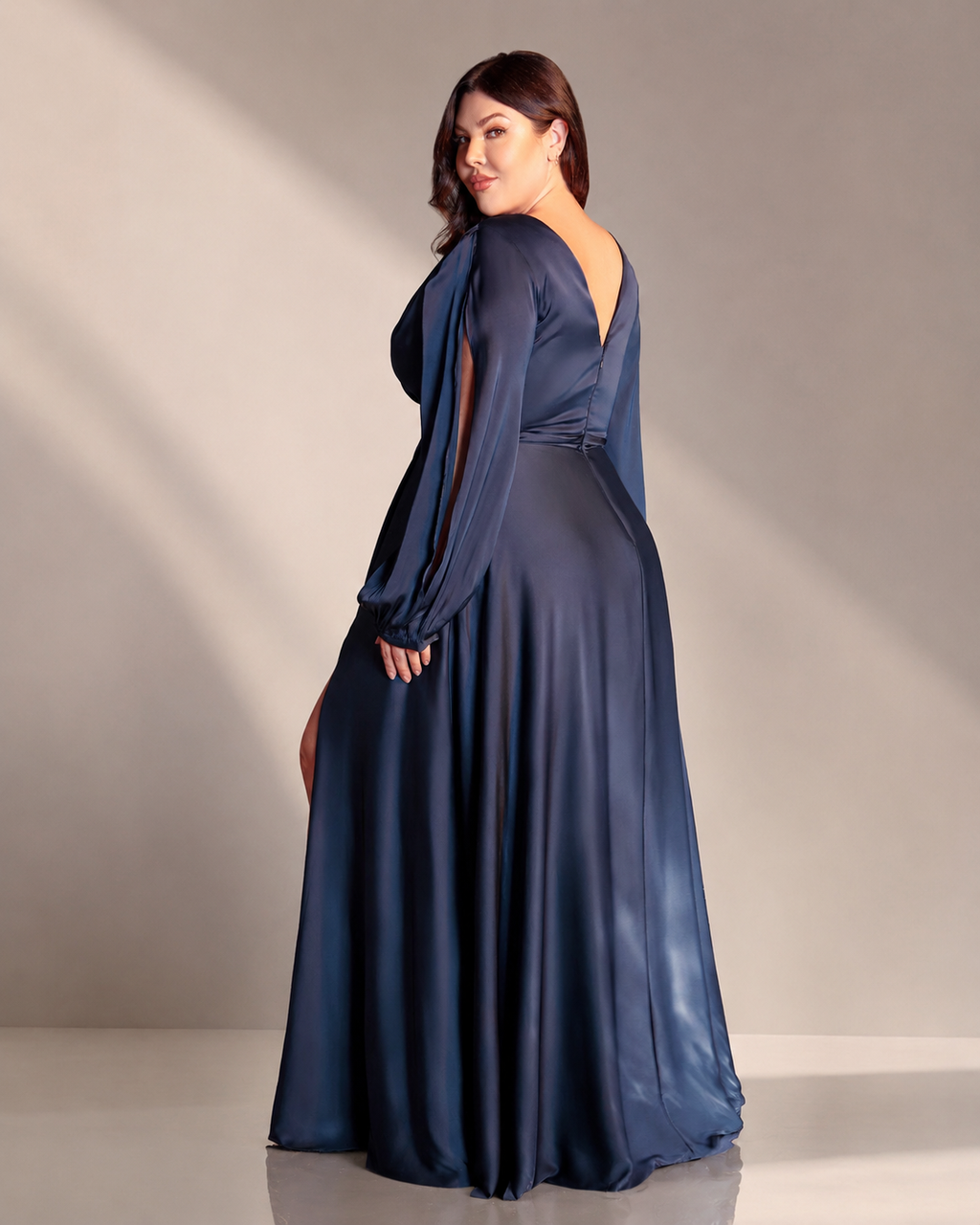 Soft Satin Floor-Length Gown - Back View Showing Gathered A-Line Satin Skirt with Thigh-Grazing Side Split in Navy