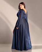 Soft Satin Floor-Length Gown - Back View Showing Gathered A-Line Satin Skirt with Thigh-Grazing Side Split in Navy