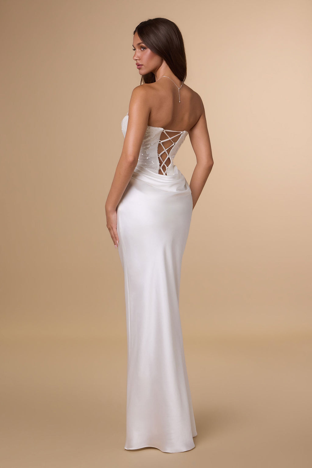 Strapless Straight Neckline Shimmering Sequin Bodice Hip Draping Luminous Satin Mermaid Gown - Adjustable Corset Lace-Up Back View in White