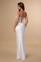 Strapless Straight Neckline Shimmering Sequin Bodice Hip Draping Luminous Satin Mermaid Gown - Adjustable Corset Lace-Up Back View in White