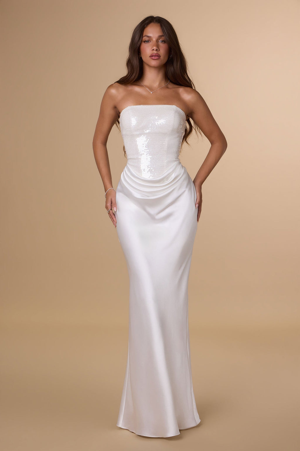 Strapless Straight Neckline Shimmering Sequin Bodice Hip Draping Luminous Satin Mermaid Gown - Front View in White