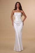 Strapless Straight Neckline Shimmering Sequin Bodice Hip Draping Luminous Satin Mermaid Gown - Front View in White