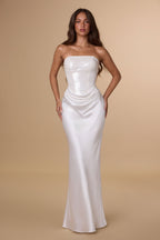 Strapless Straight Neckline Shimmering Sequin Bodice Hip Draping Luminous Satin Mermaid Gown - Front View in White