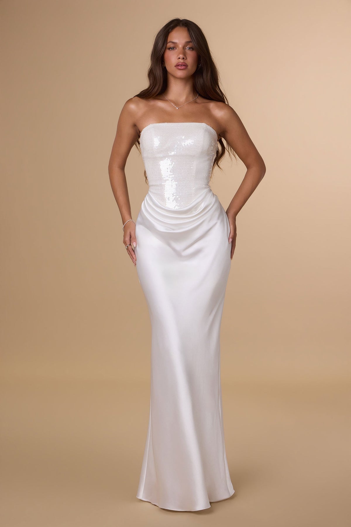Strapless Straight Neckline Shimmering Sequin Bodice Hip Draping Luminous Satin Mermaid Gown - Front View in White