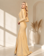 Long Sleeve Fit-and-Flare Lycra Gown - Back View Showing Open Back and Floor-Length Flared Skirt in Champagne