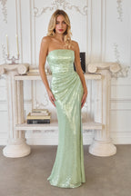Strapless Straight Neckline Shimmering Sequin Gown with Soft Draping at Waist and Corset Lace-Up Back Floor-Length Mermaid Silhouette - Front Full View in Sage