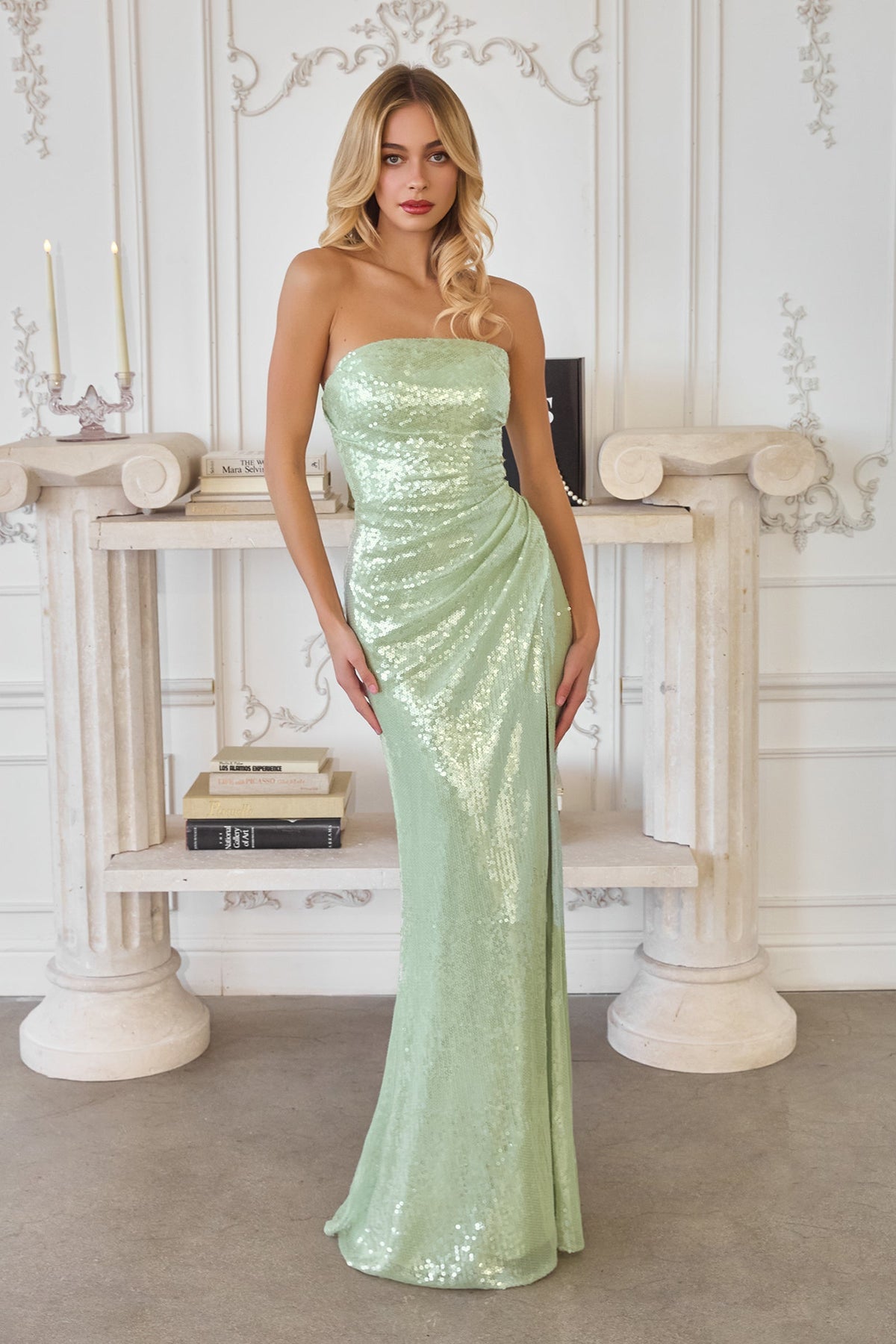 Strapless Straight Neckline Shimmering Sequin Gown with Soft Draping at Waist and Corset Lace-Up Back Floor-Length Mermaid Silhouette - Front Full View in Sage