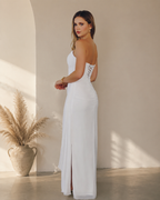 Strapless Straight Neckline Sculpted Bodice Draped Chiffon Floor-Length Gown with Lace-Up Back and Side Slit - Back View in Ivory White