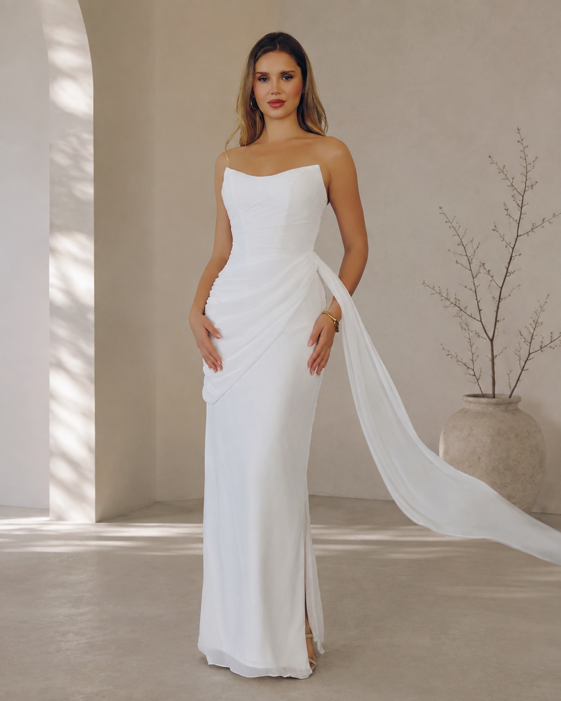 Strapless Straight Neckline Sculpted Bodice Draped Chiffon Floor-Length Gown with Cascading Side Sash and Side Slit - Front View in Ivory White