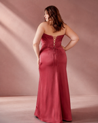 Off-Shoulder Structured Corset Bodice Pleated Satin A-Line Gown - Back View Showing Lace-Up Corset Tie and Satin Skirt in Burgundy