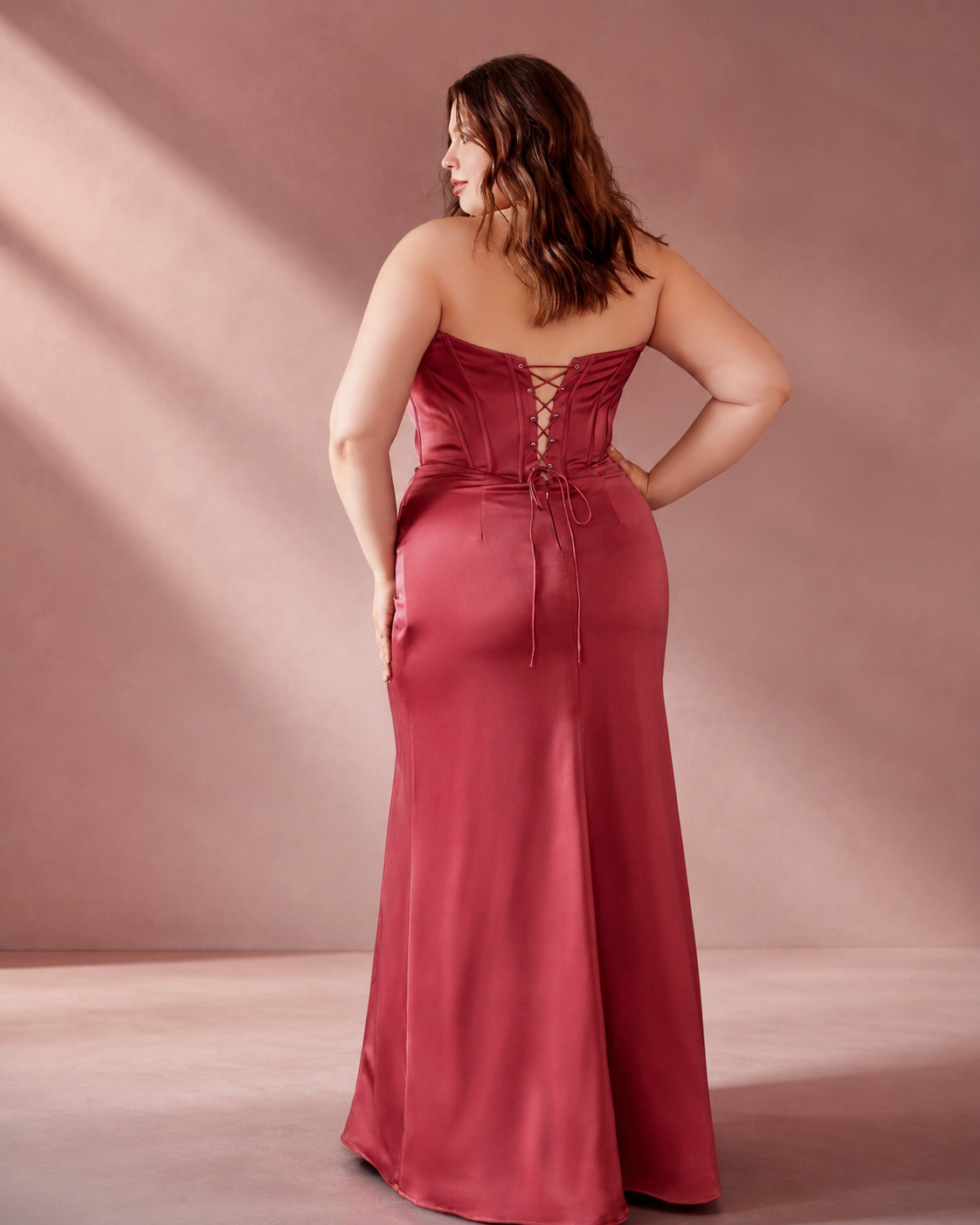 Off-Shoulder Structured Corset Bodice Pleated Satin A-Line Gown - Back View Showing Lace-Up Corset Tie and Satin Skirt in Burgundy