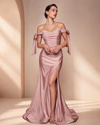 Off-the-Shoulder Stretch Jersey Fishtail Gown with Elongated Sleeve Ties and Dramatic Front Slit - Front Full View in Dusty Rose