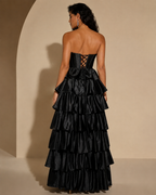 Strapless Corset Gown with Tiered Ruffle Cake Skirt - Back View Showing Corset Lace-Up in Black