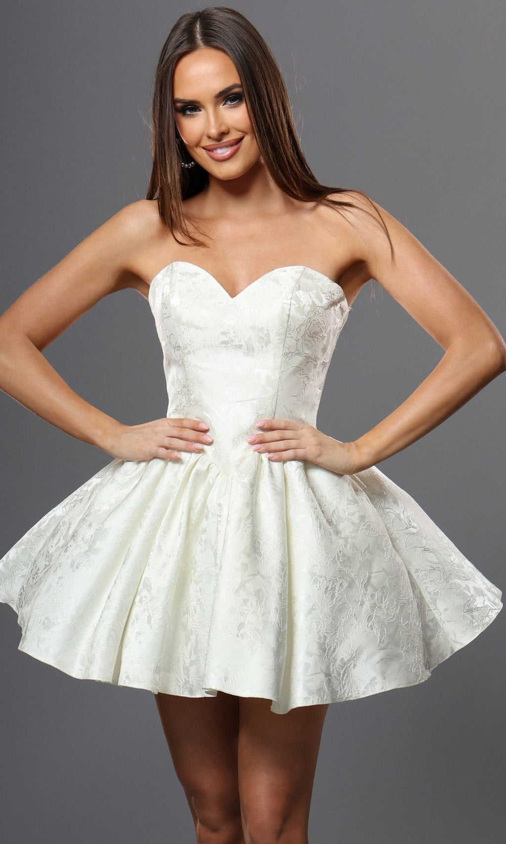 White Strapless Floral Jacquard Textured Fit-and-Flare A-Line Mini Homecoming Dress with Sweetheart Neckline and Corset Bodice - Front Full View