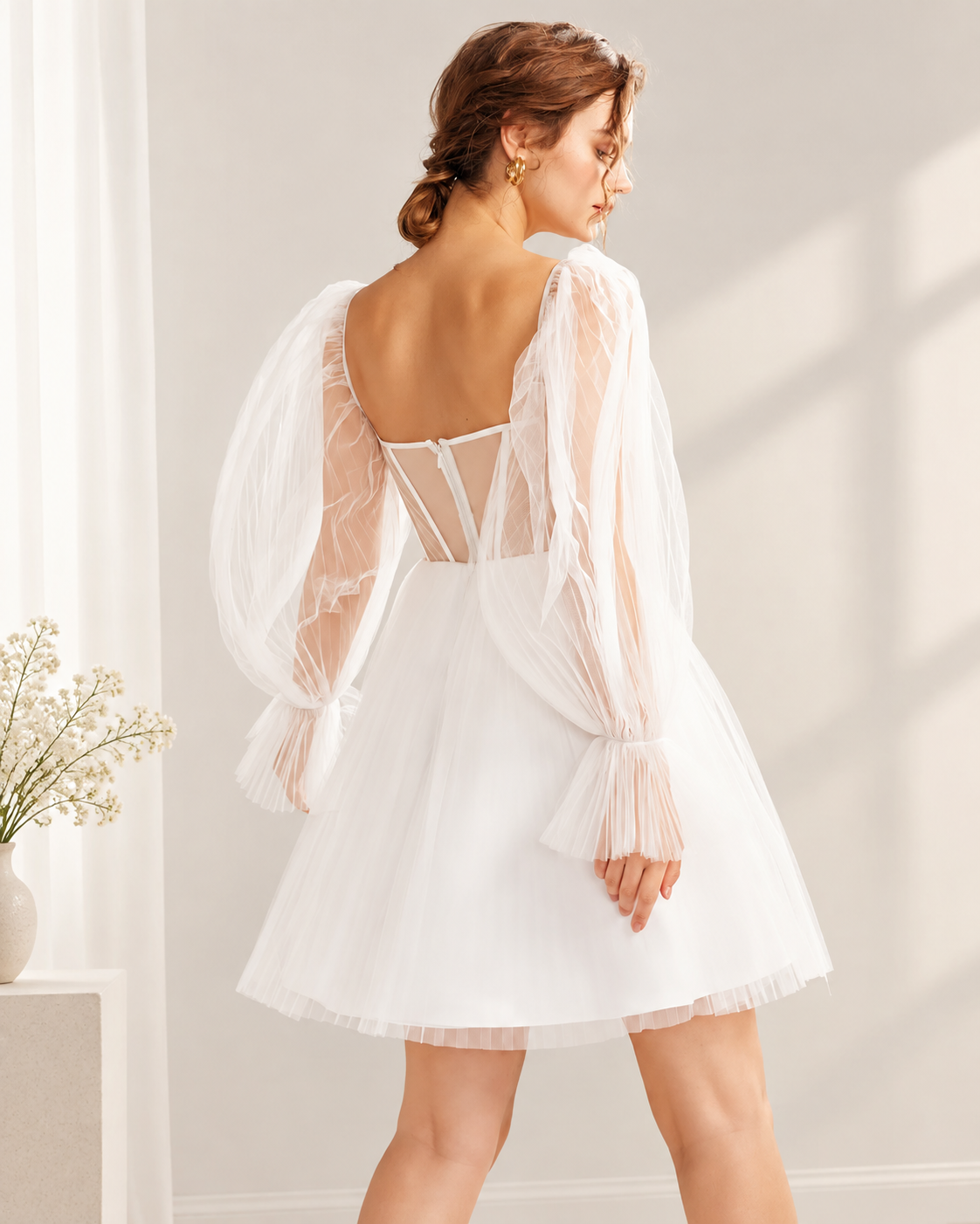 White Sweetheart Corset Tulle Mini Bridal Dress - Back View Showing Open Back Spaghetti Straps and Tie-Back with Pleated Tulle A-Line Skirt