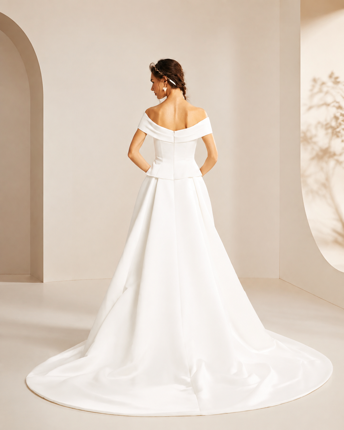 White Off-Shoulder Corset Bridal Ball Gown with Peplum Ruffle Waist, Back Zipper, and Full Sweep Train - Back View