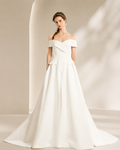 White Off-Shoulder Fold-Over Neckline Corset Peplum Ruffle Ball Gown Wedding Dress with Sweep Train and High Front Slit - Front Full View