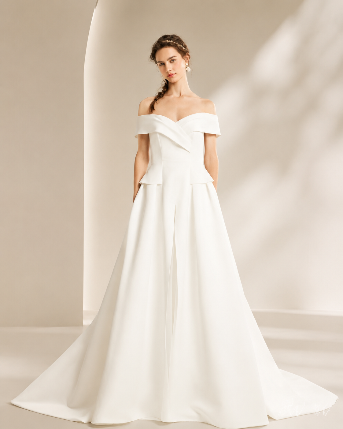 White Off-Shoulder Fold-Over Neckline Corset Peplum Ruffle Ball Gown Wedding Dress with Sweep Train and High Front Slit - Front Full View