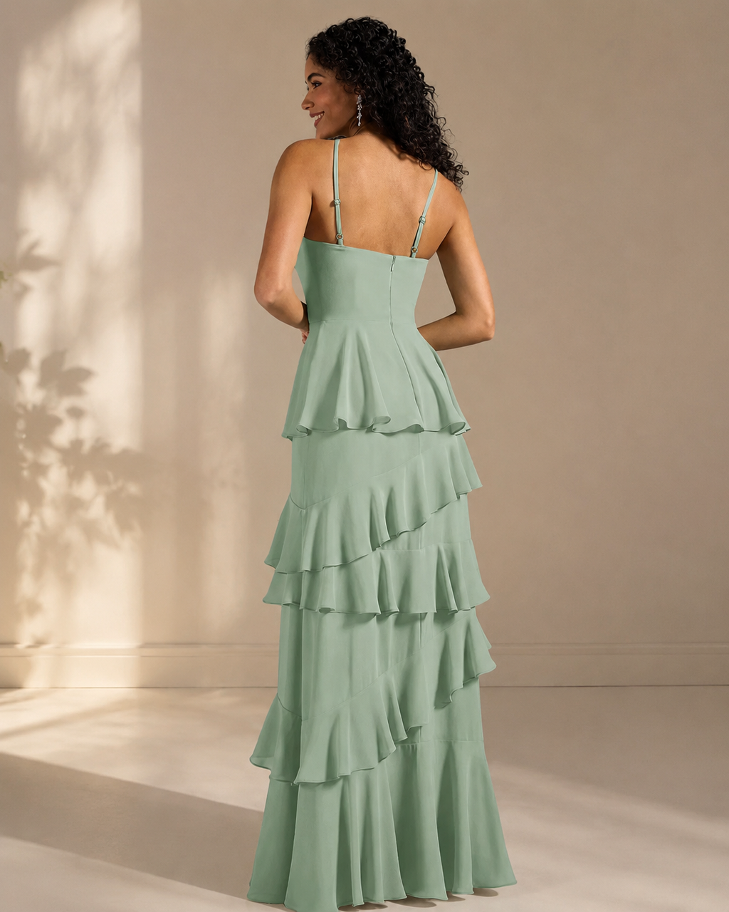 Chiffon Spaghetti Strap Sweetheart Cascading Ruffles Floor-Length Bridesmaid Dress in Light Mint - Back View Showing Spaghetti Straps, Back Zipper, and Asymmetrical Tiered Ruffles