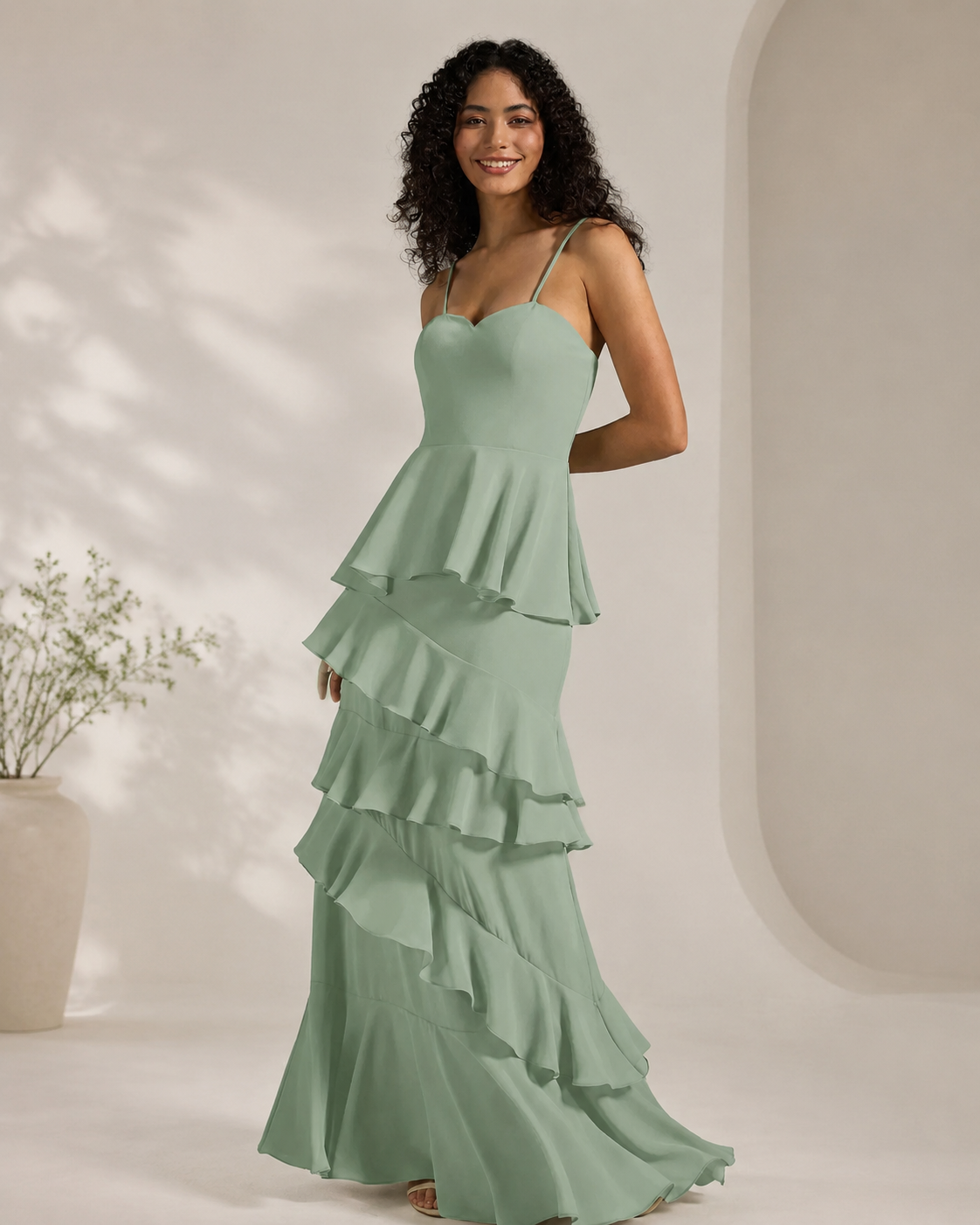 Chiffon Spaghetti Strap Sweetheart Neckline Cascading Asymmetrical Tiered Ruffles Floor-Length A-Line Bridesmaid Dress in Light Mint - Front Full View