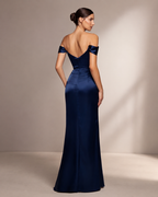 Satin Off-Shoulder Fitted Mermaid Gown with Optional Thin Straps, Cowl Neckline, Modest Leg Slit and Sweetheart Low Back Zipper in Dark Navy - Back View