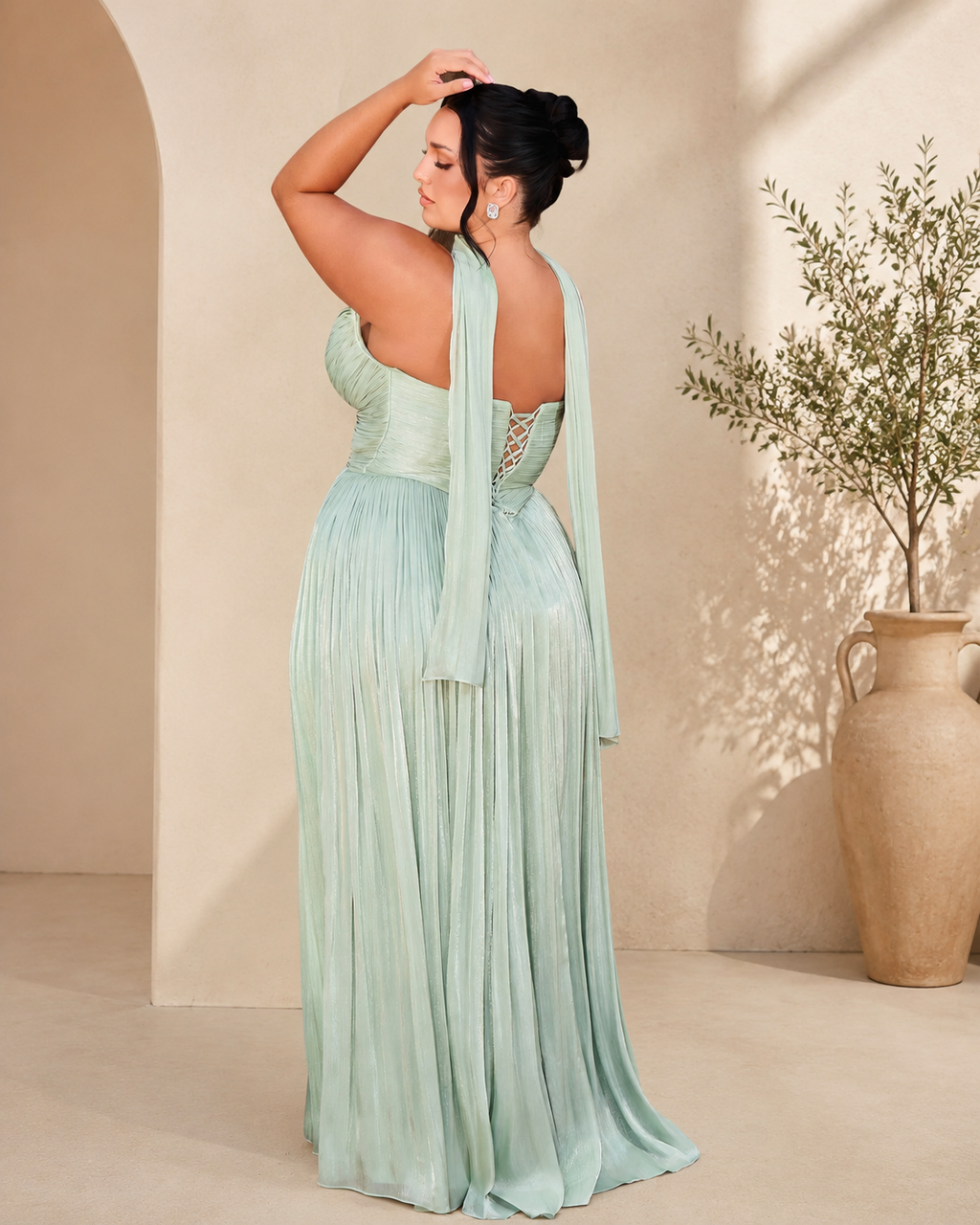 Chiffon Strapless Sweetheart Pleated High-Slit Evening Gown in Light Mint - Back View Showing Lace-Up Corset Back, Chiffon Halter Drape, and Long Pleated Train